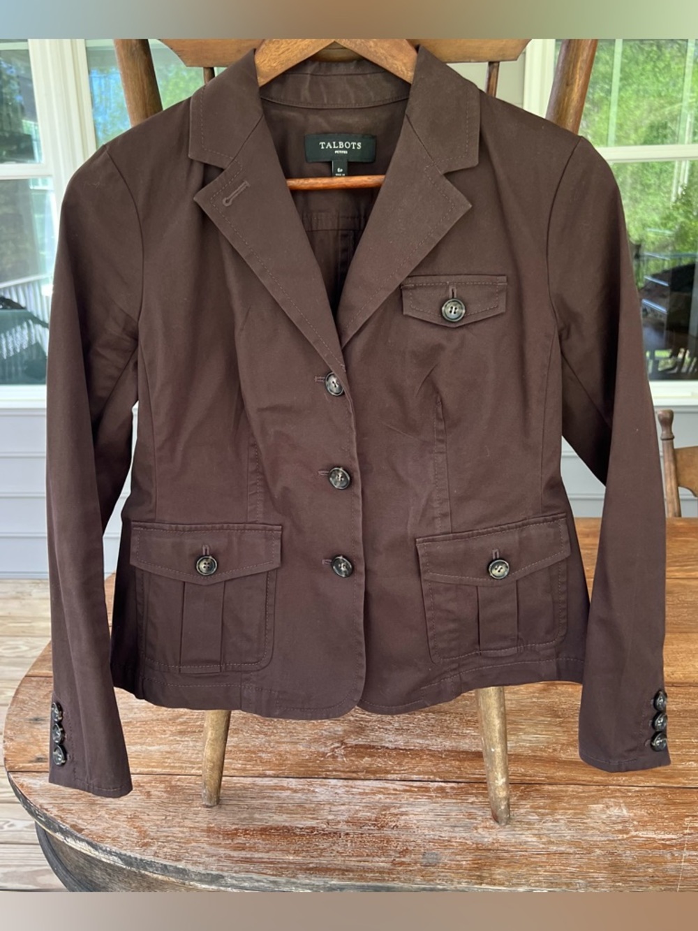 Talbots Chocolate Brown Utility Jacket Cotton Blend Pockets 6P
